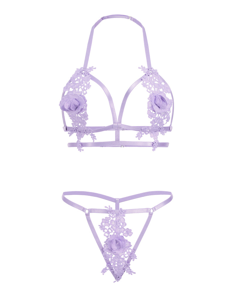 Lavender floral applique lingerie set, halter neck bra and cut-out thong. Valentine's Day lingerie.