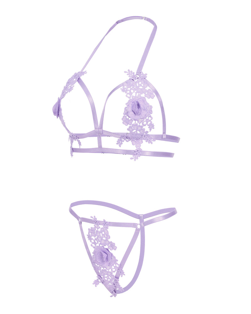 Lavender floral applique halter bra and cut-out thong lingerie set. Valentine's Day. Sexy lingerie.