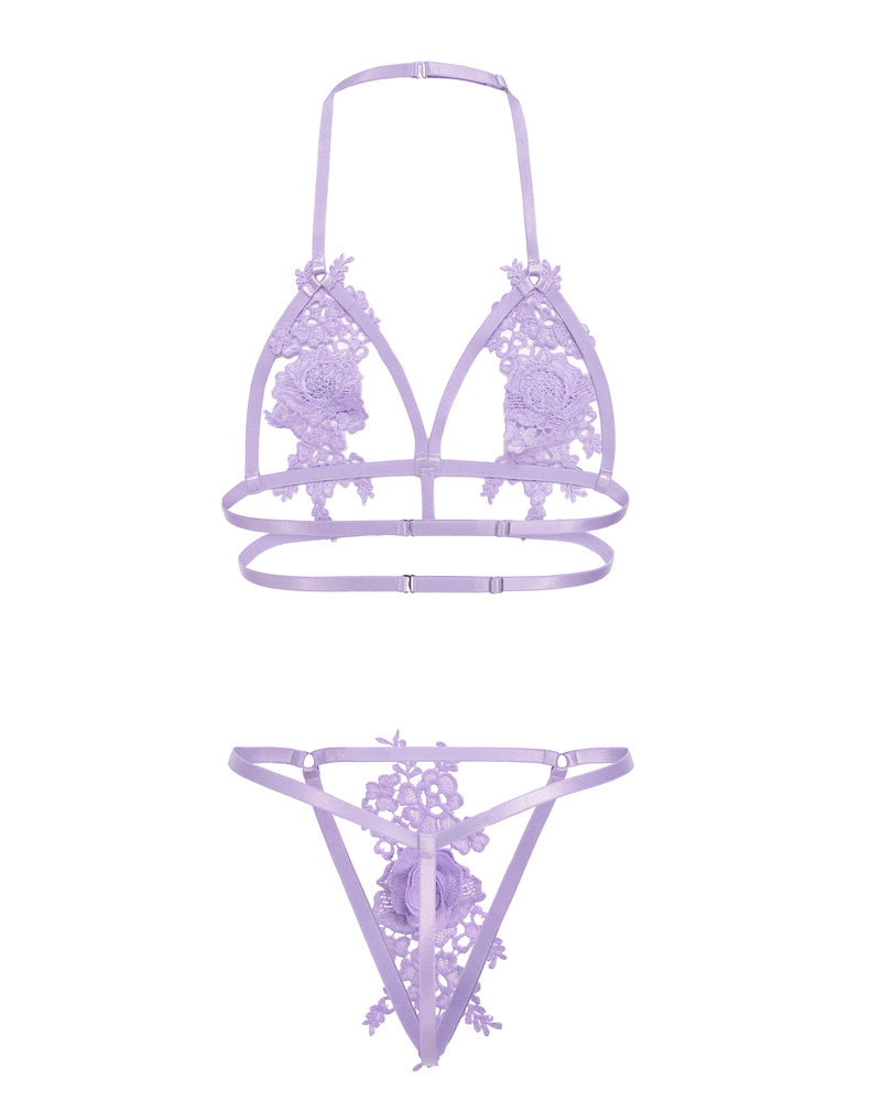 Lavender floral applique lingerie set, cut-out halter bra and thong. Valentine's Day lingerie
