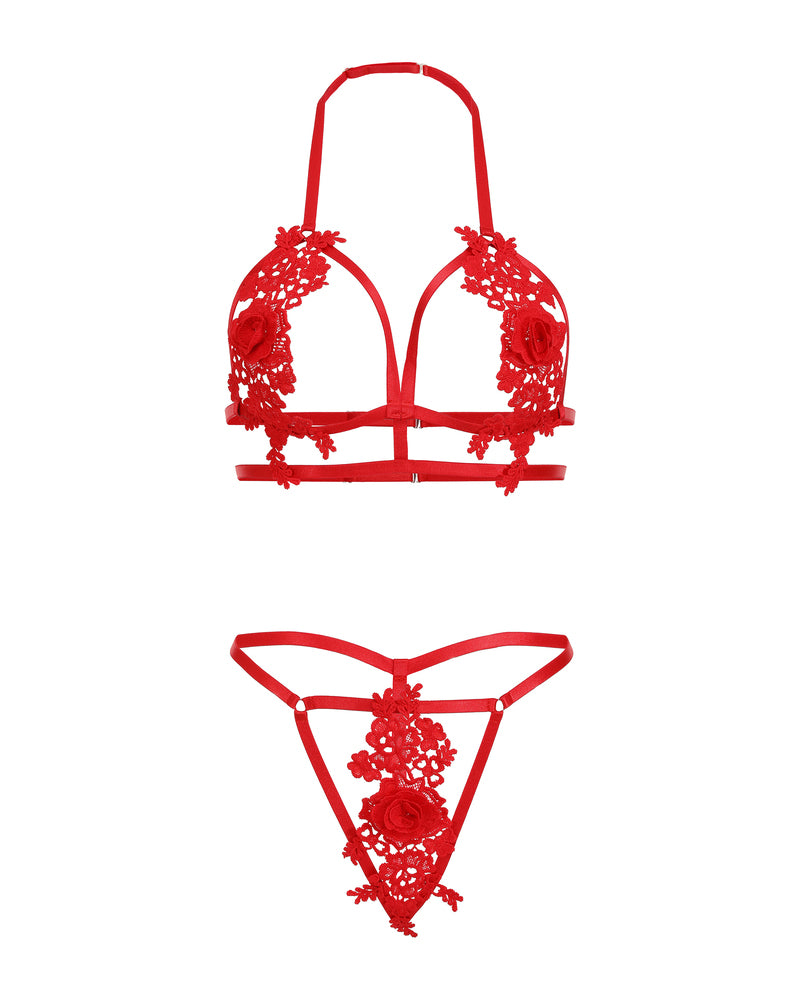 Red floral applique cut-out lingerie set, halter bra and panty, perfect for a romantic night