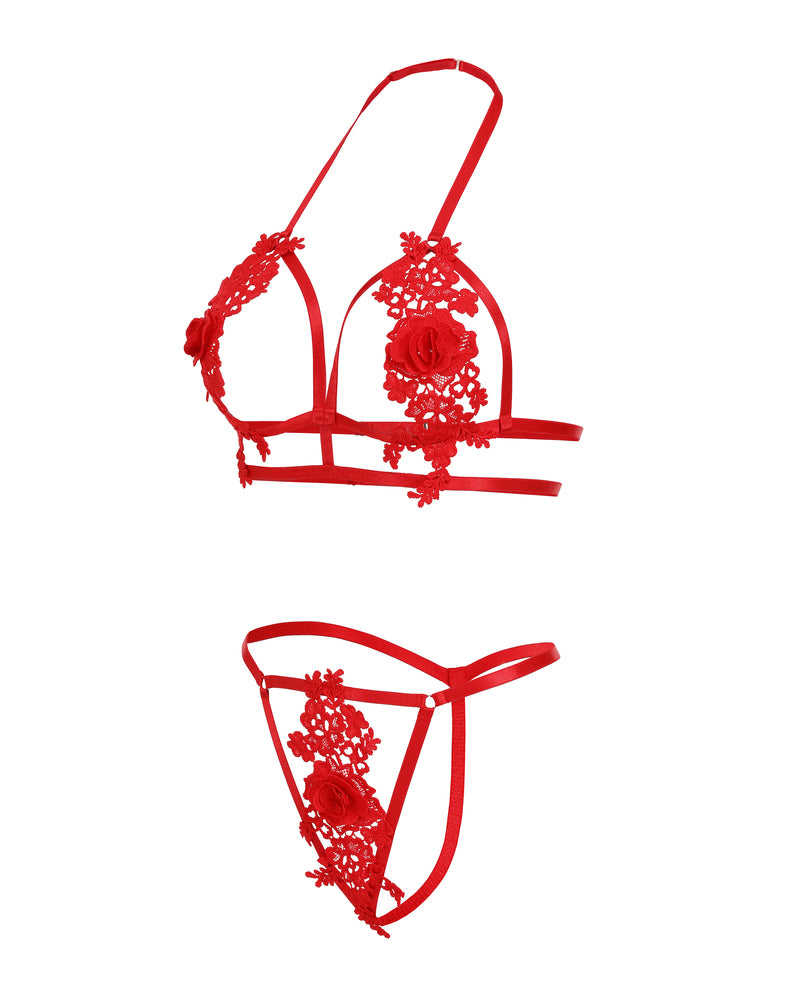 Red floral halter lingerie set, cut-out design. Valentine's Day lingerie, sexy and fashionable.