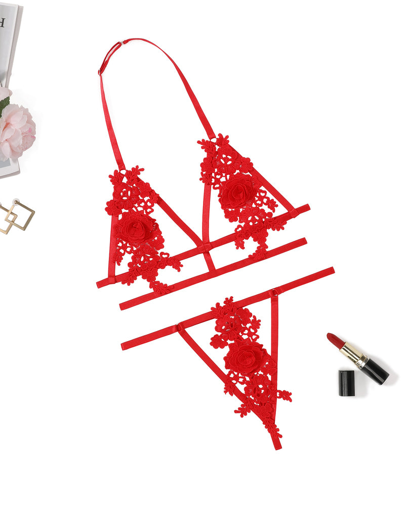 Red floral applique halter lingerie set with cut-out design. Valentine's Day lingerie.