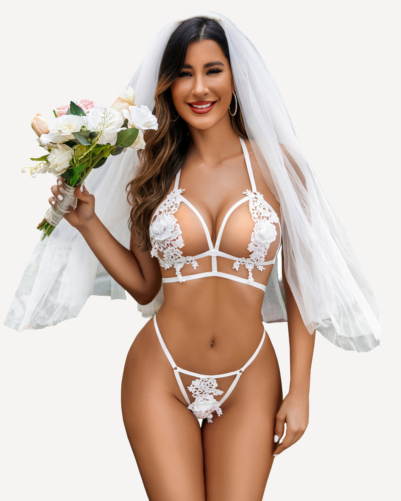 White floral applique bridal lingerie set with matching veil and bouquet. Romantic nightwear.
