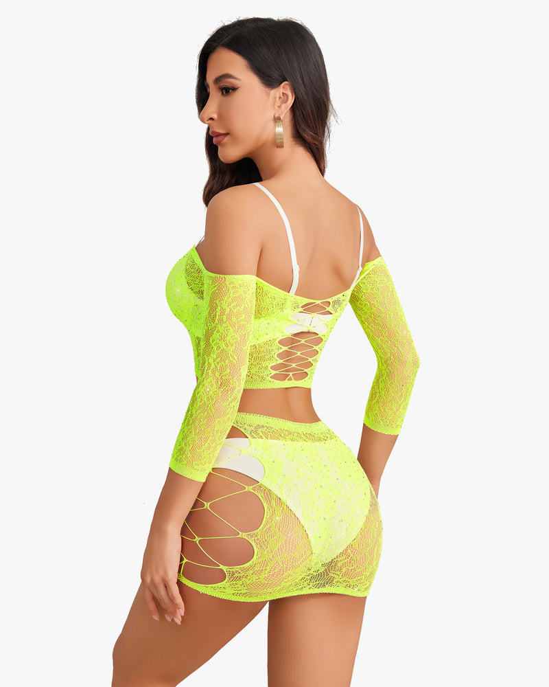 Neon yellow fishnet lingerie set with criss-cross design, mesh top and skirt, sexy outfit