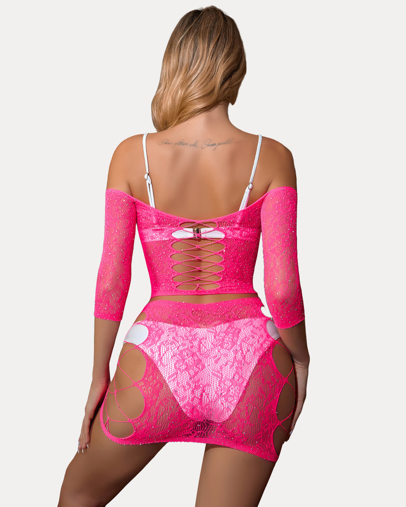Pink rhinestone fishnet lingerie set with mesh top and skirt, criss-cross design, sexy outfit
