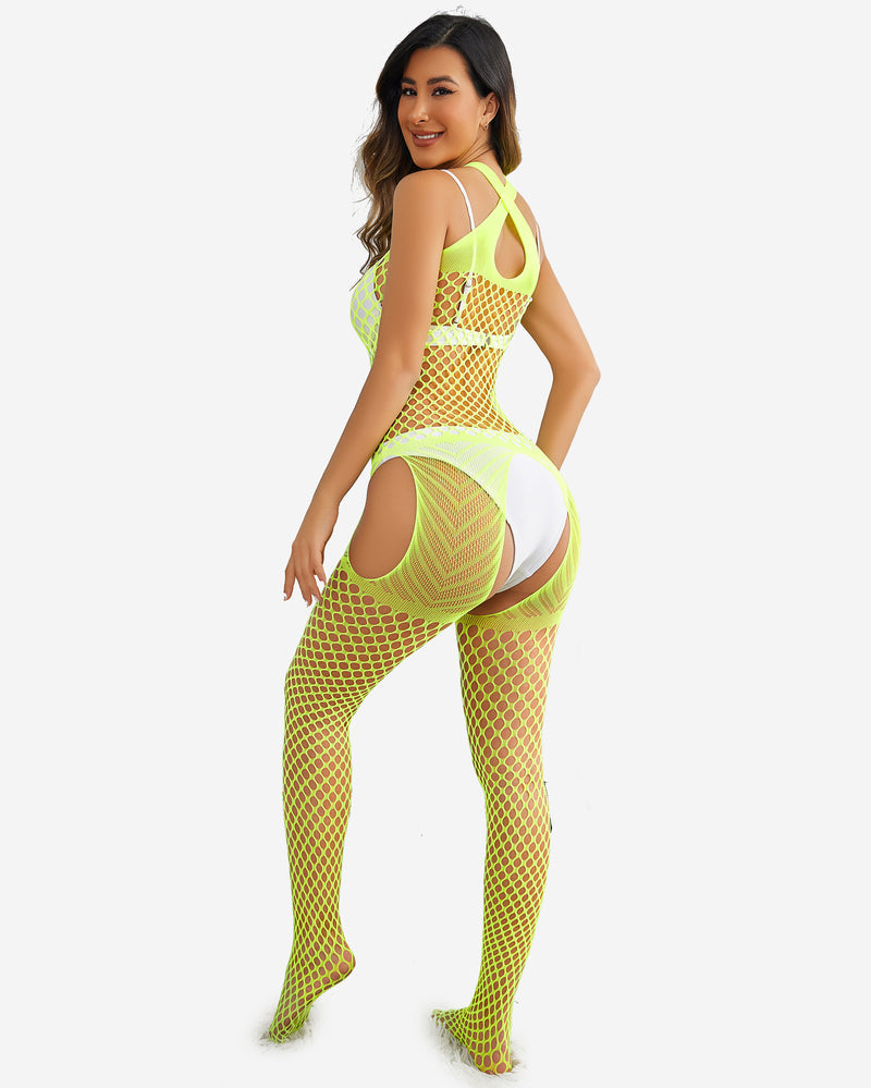 Neon green fishnet jumpsuit, halter neck cutout design, fishnet stockings. Sexy lingerie.