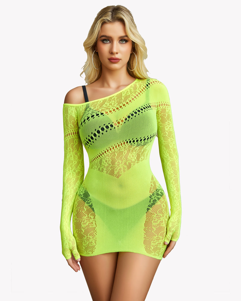 Neon yellow mesh fishnet dress, off-shoulder with cutouts, Avidlove lingerie, showing body curves.