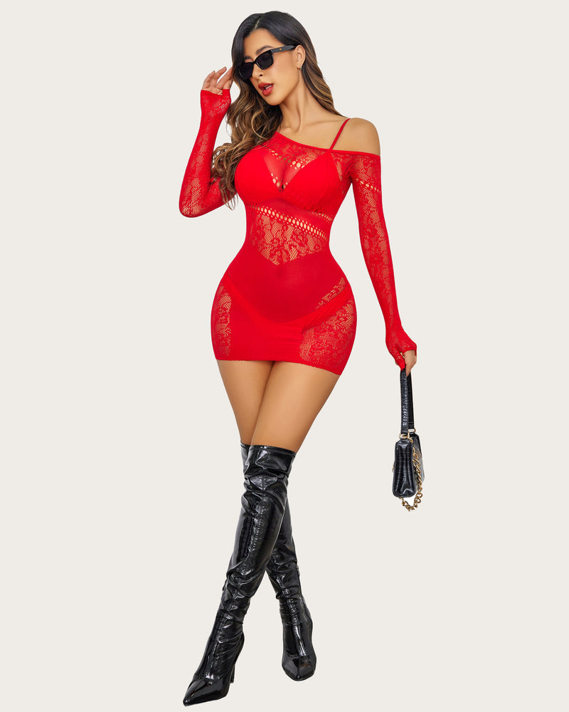 Red fishnet dress with off-shoulder design, cutout, and black boots, Avidlove