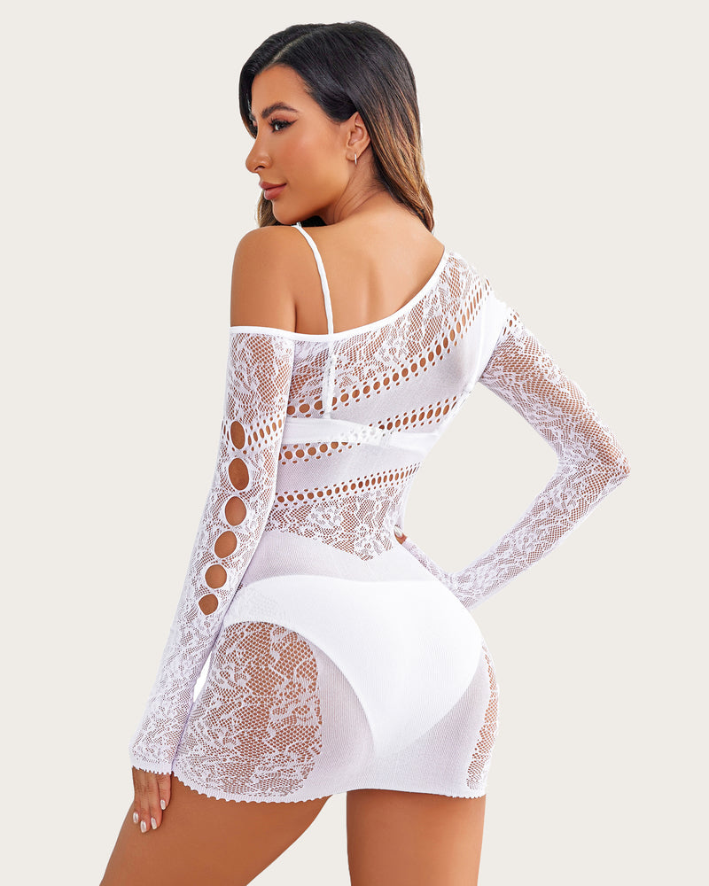 White off-shoulder mesh fishnet dress with cutouts; ideal for showing body curves, mesh lingerie.