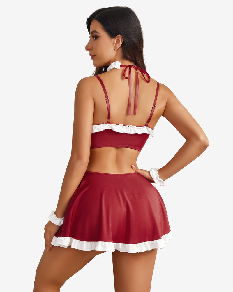 Burgundy Ruffle French Maid Lingerie Set with white trim, bows. A charming and sexy outfit.