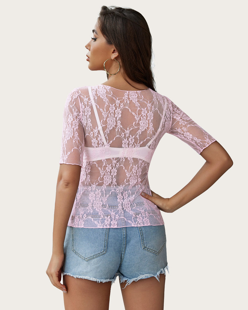 Pink floral lace mesh top short sleeve tee with denim shorts. Sexy, confident style for women.
