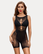 White fishnet bodysuit with cut-outs, accentuating curves and creating a sleek silhouette.