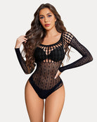 Red fishnet bodysuit with long sleeves and back cutout, perfect for intimate wear.