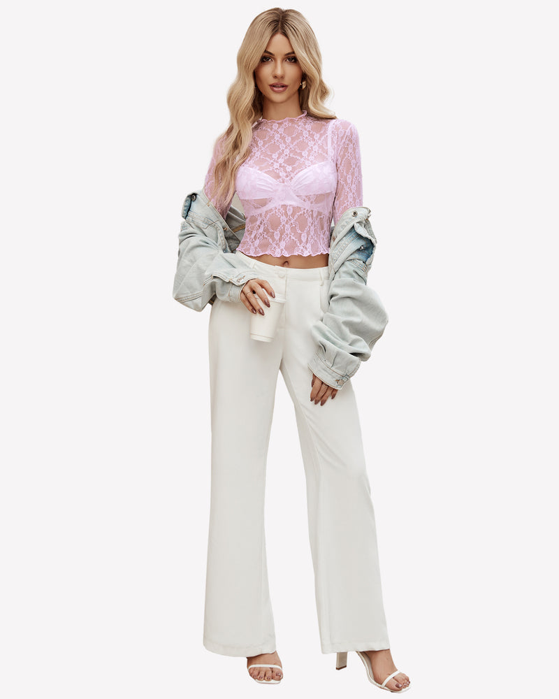 Pink floral lace mock neck sheer blouse, paired with white pants, perfect for layering style.