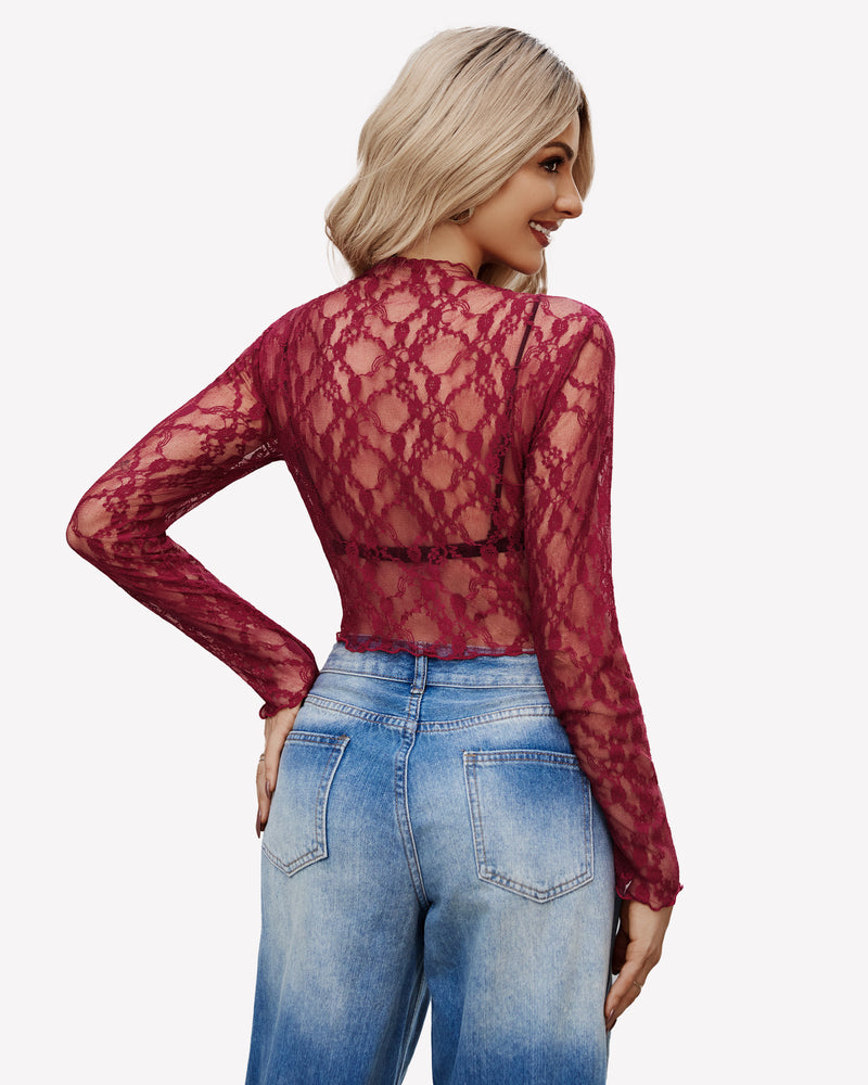 Burgundy floral lace mock neck sheer top, perfect for layering with jeans
