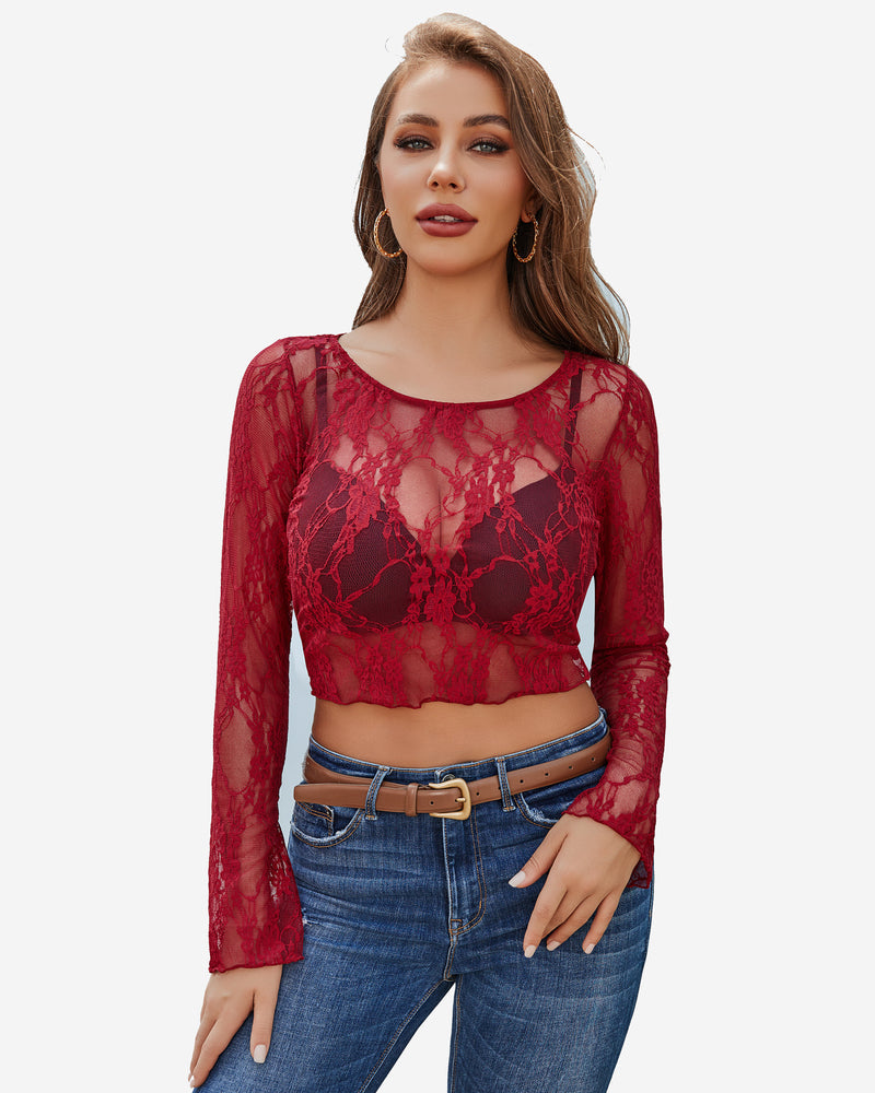 Red floral lace sheer top with bell sleeves and blue jeans. Classy and elegant.