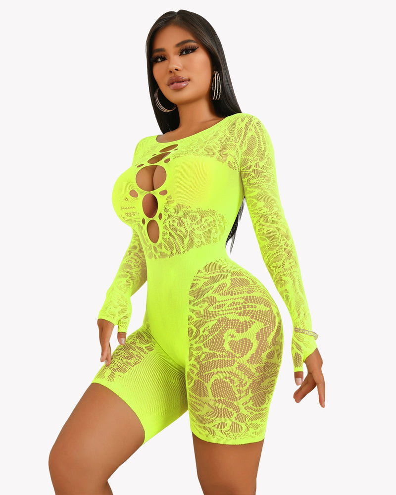 Neon yellow fishnet bodysuit with lace cutout, designed to enhance curves. Sexy Avidlove lingerie.
