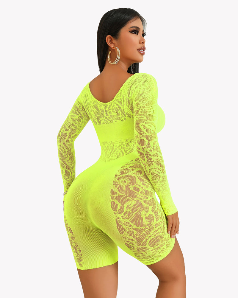 Neon yellow fishnet bodysuit, designed to enhance curves. Sexy Avidlove lingerie.