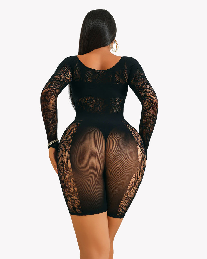 Black lace fishnet bodysuit, long sleeves, designed to enhance curves. Sexy Avidlove lingerie.