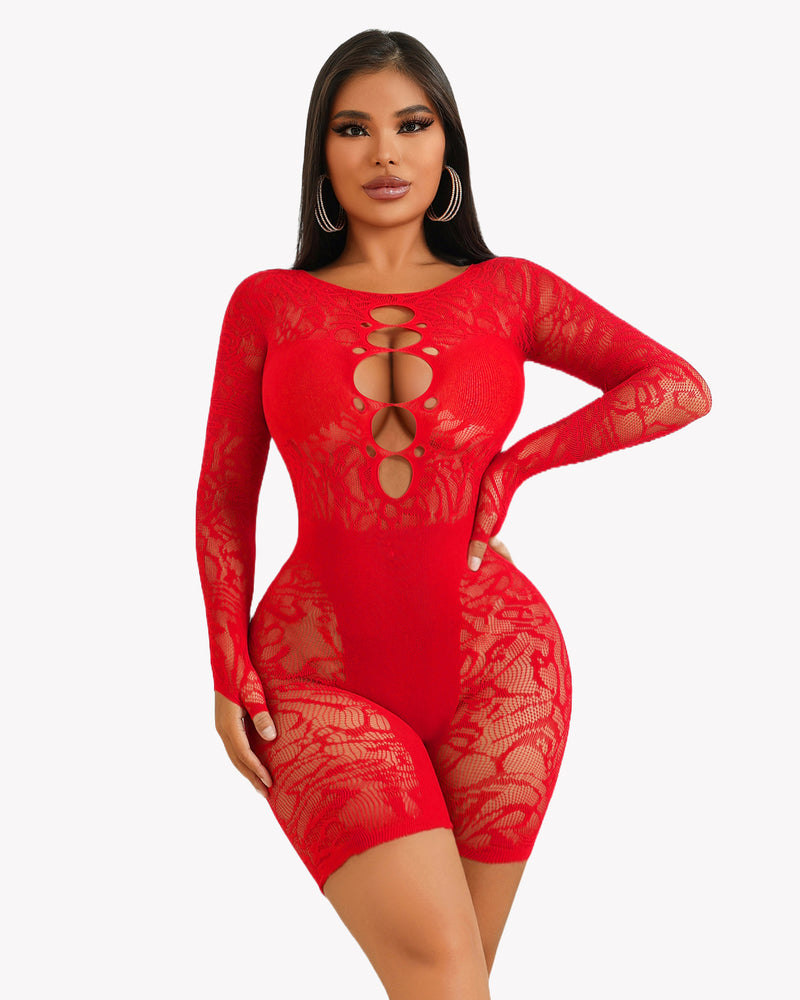 Red fishnet bodysuit with chest cutout, designed to enhance curves. Sexy lingerie for women.