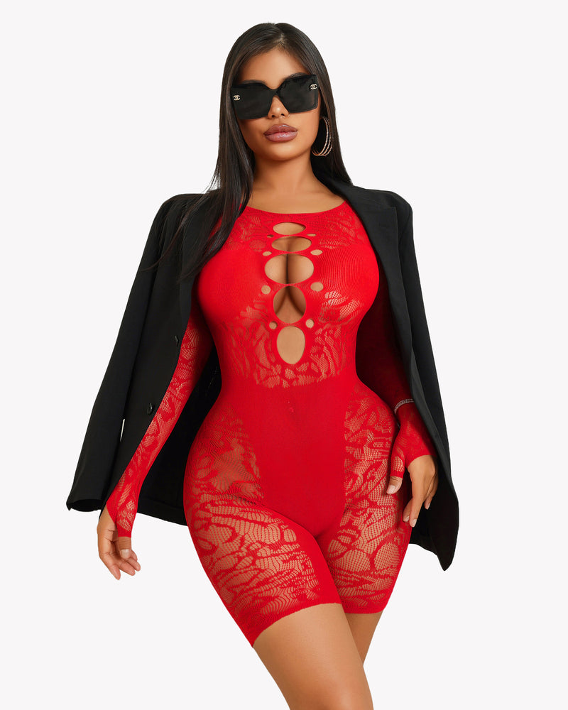 Red fishnet bodysuit with cutout, enhancing curves. Sexy lingerie with black blazer and shades.
