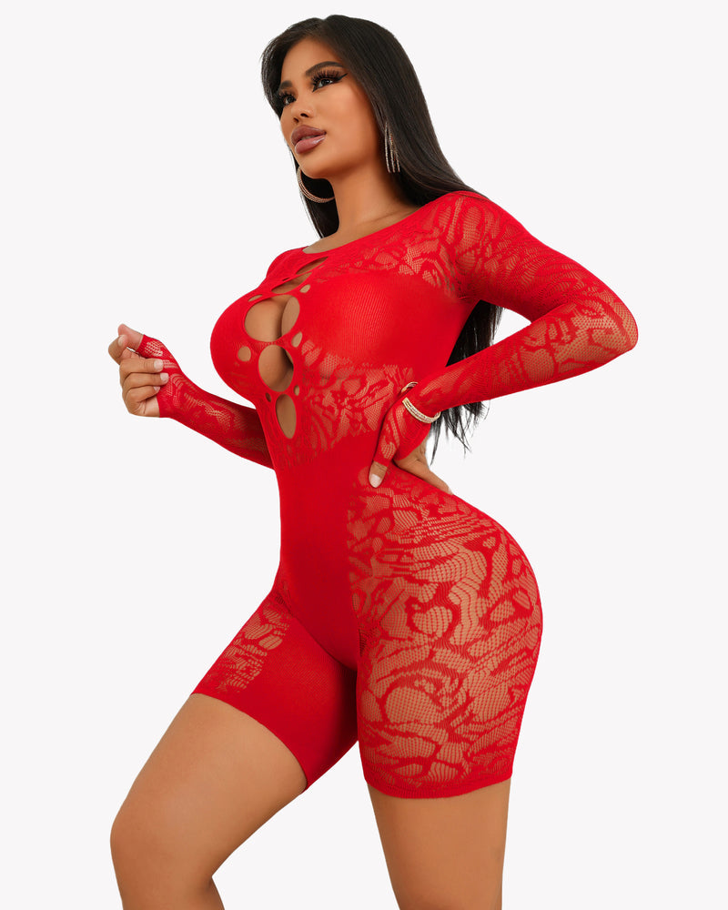 Red fishnet bodysuit with chest cutout and lace detail, designed to enhance curves for a sexy look