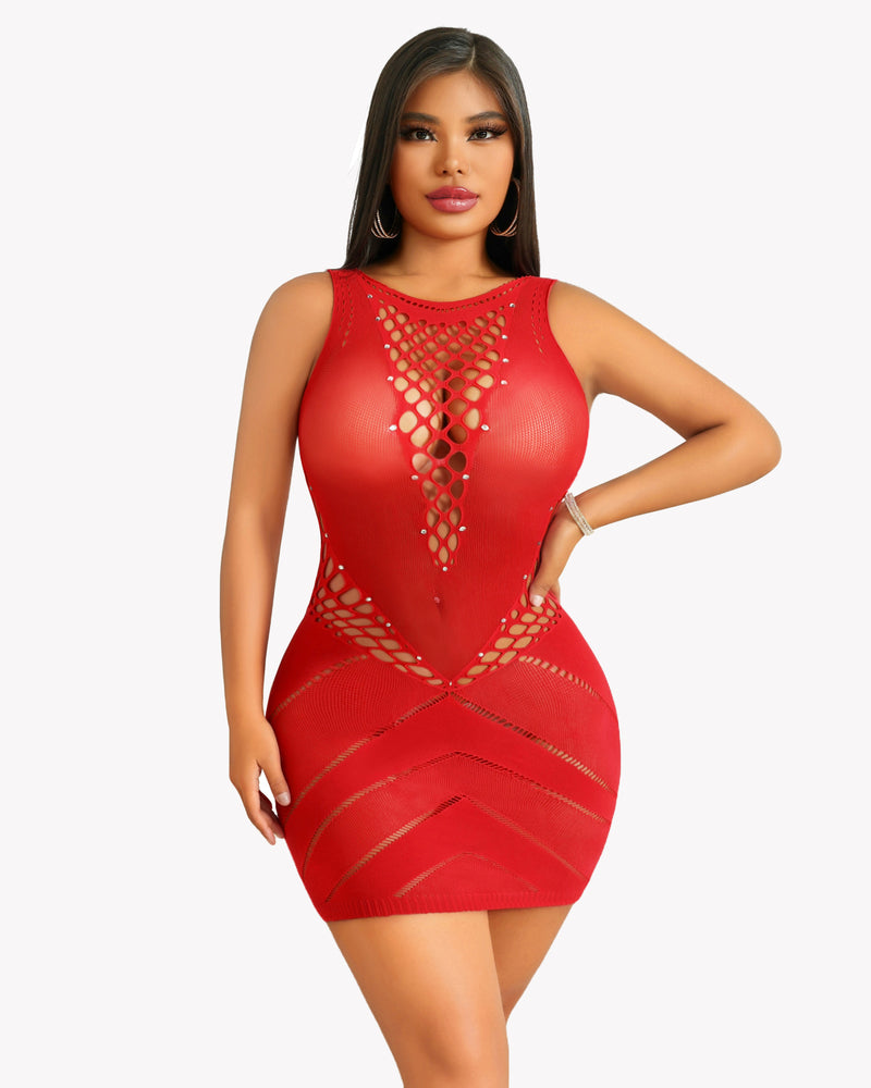 Red fishnet chemise with rhinestones. Sexy hollow-out lingerie. Avidlove design.