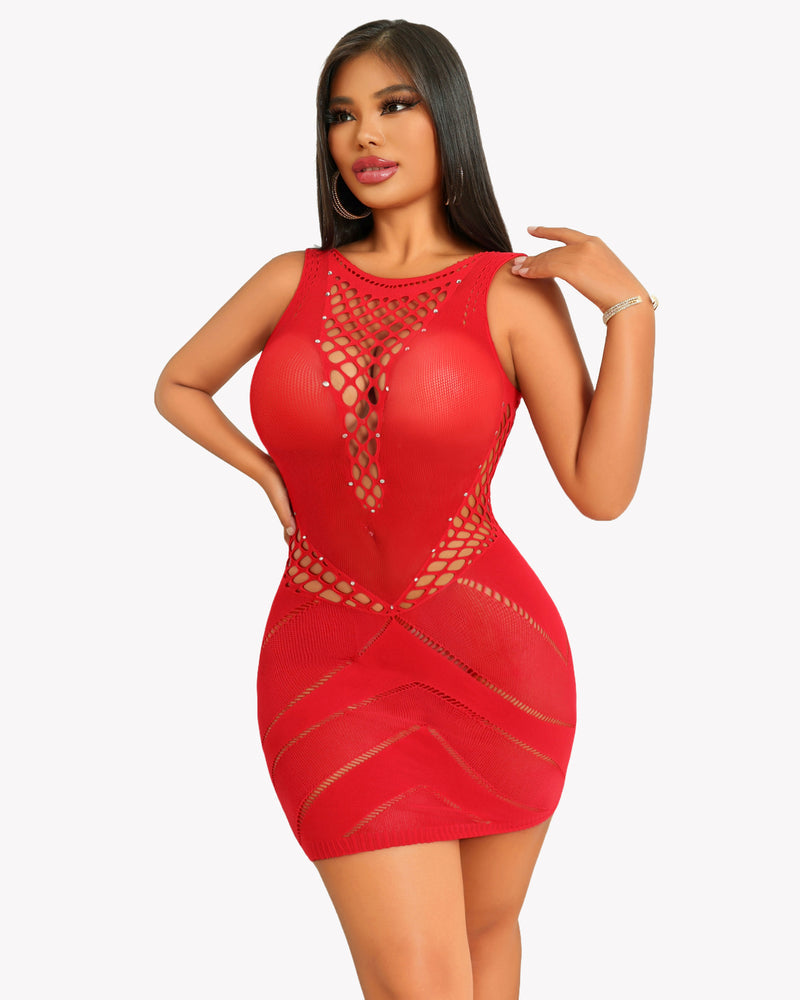 Red fishnet chemise. Sexy, see-through lingerie with rhinestones. Avidlove design. Confident wear.