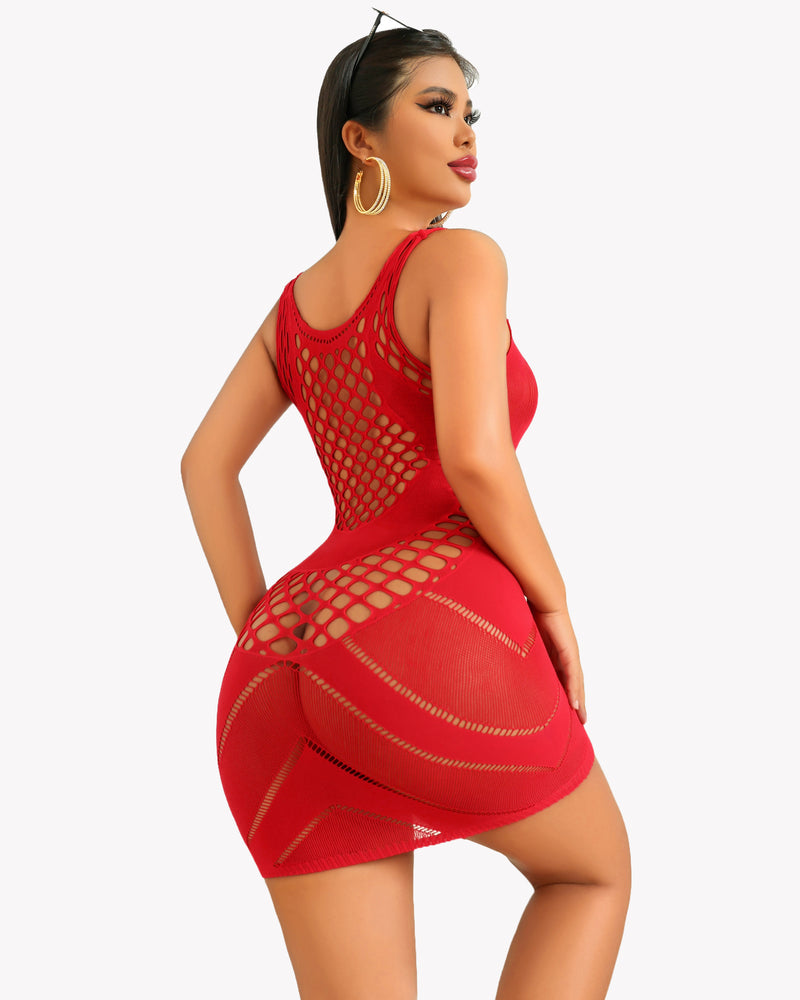 Red fishnet dress with hollow-out design, sexy chemise for women, Avidlove lingerie