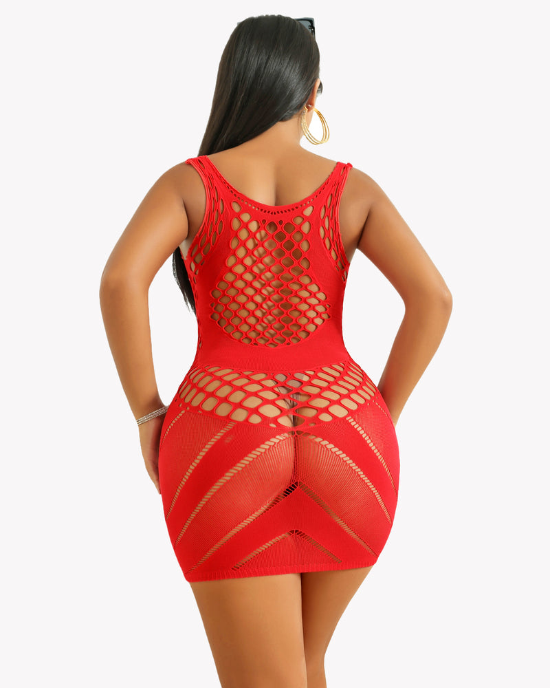 Red fishnet chemise dress with hollow-out design, sexy lingerie for women, Avidlove