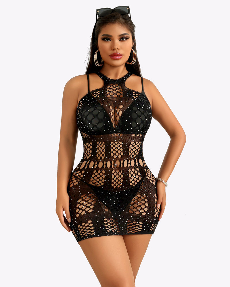 Black fishnet bodycon dress, hollow out design with rhinestones, perfect for showing off your curves