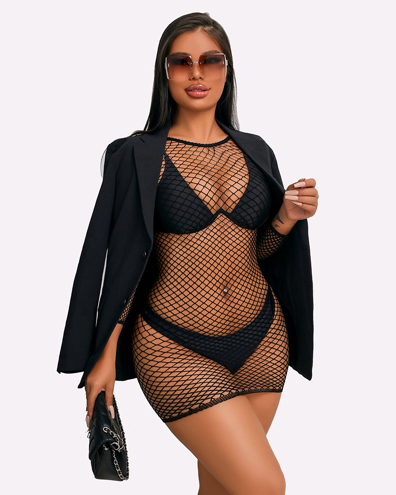Black fishnet cover-up dress, black bikini, blazer, and sunglasses; a sexy and versatile style.