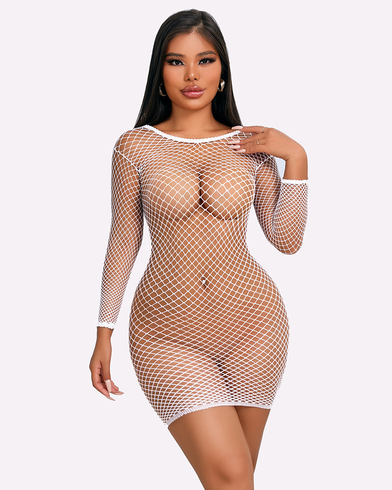 White fishnet long sleeve dress cover-up, showing off curves in a sexy and versatile style.