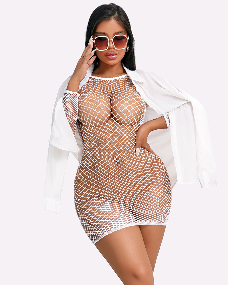 White fishnet dress cover-up. Features a long-sleeved design with a sexy and versatile fit.