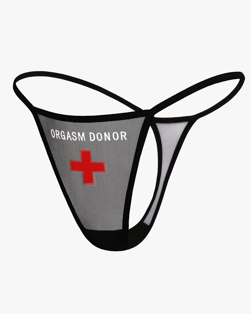 Black mesh thong panty with "ORGASM DONOR" print and red cross, low rise, sexy lingerie