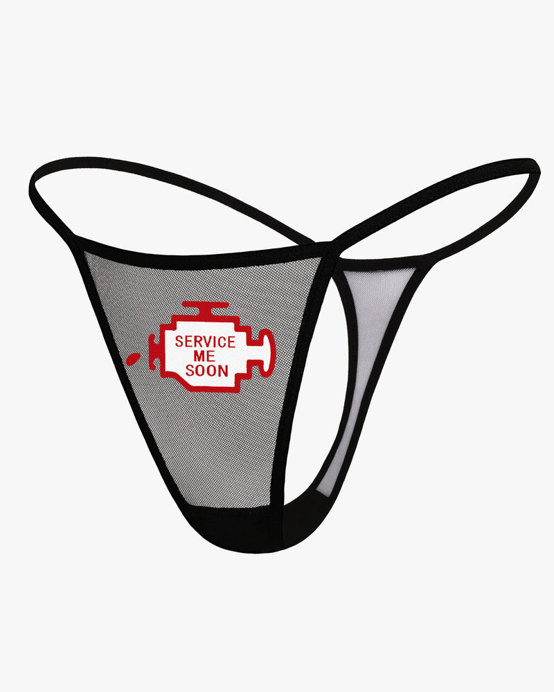 Black mesh "SERVICE ME SOON" low-rise thong panty. Sexy lingerie, V-back design.