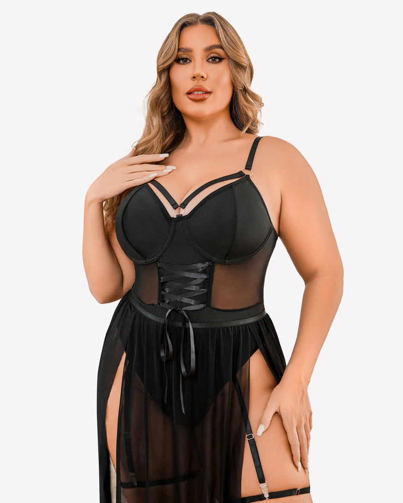 Plus size black lingerie bodysuit with high slit dress; mesh, and garter straps