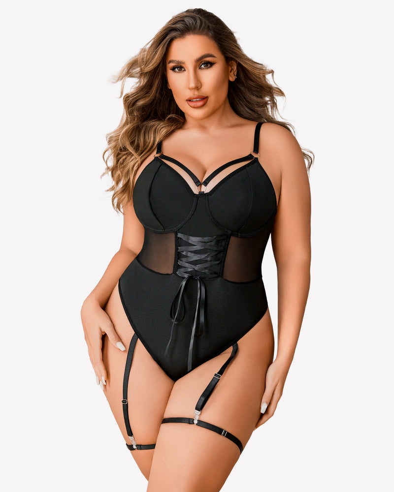 Plus size black bodysuit with corset, mesh, and garter straps; sexy lingerie for confident women