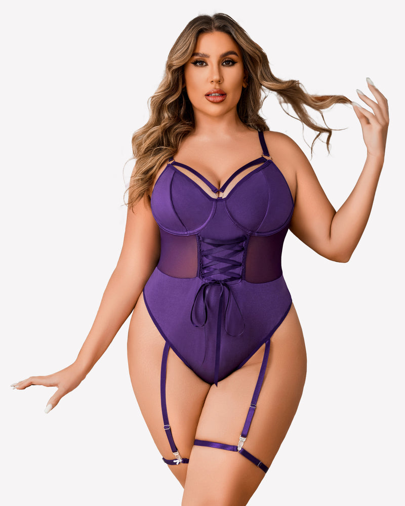 Purple plus size bodysuit with adjustable straps, corset detail, and garter straps; sexy lingerie