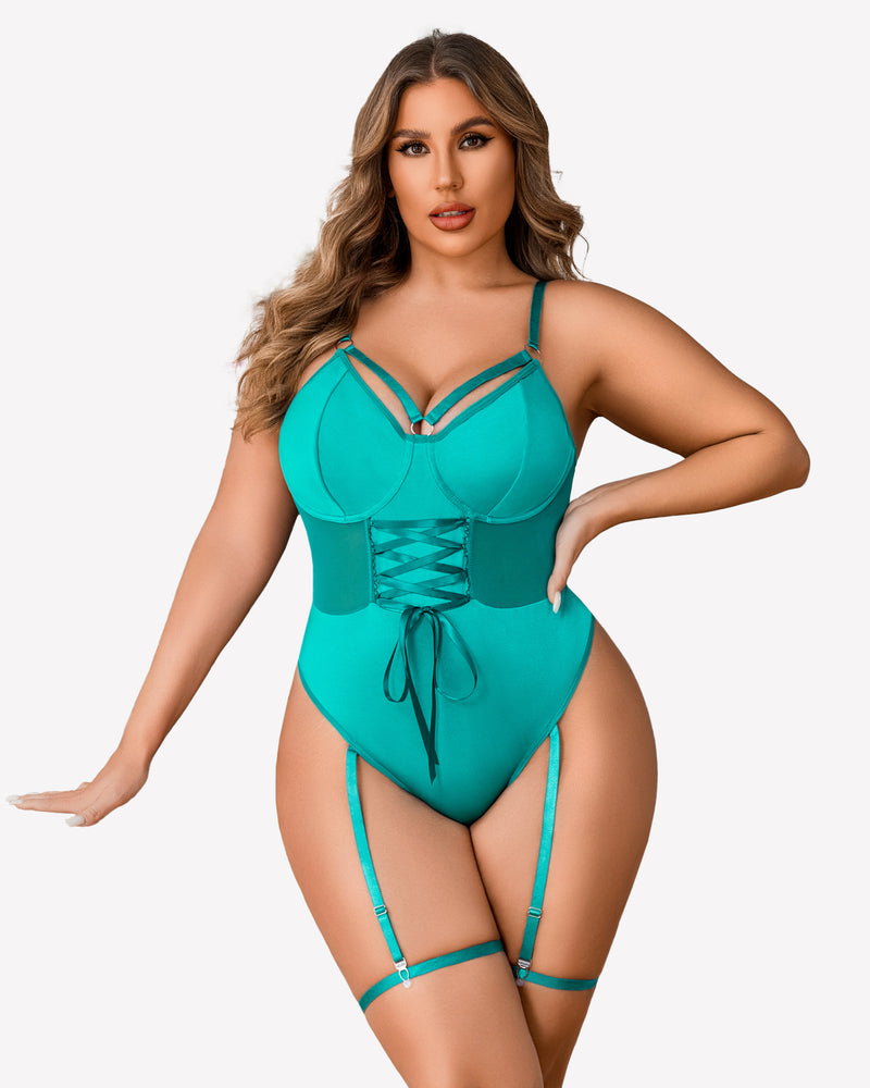 Plus size teal bodysuit with corset, garter straps, and high-cut design; sexy lingerie
