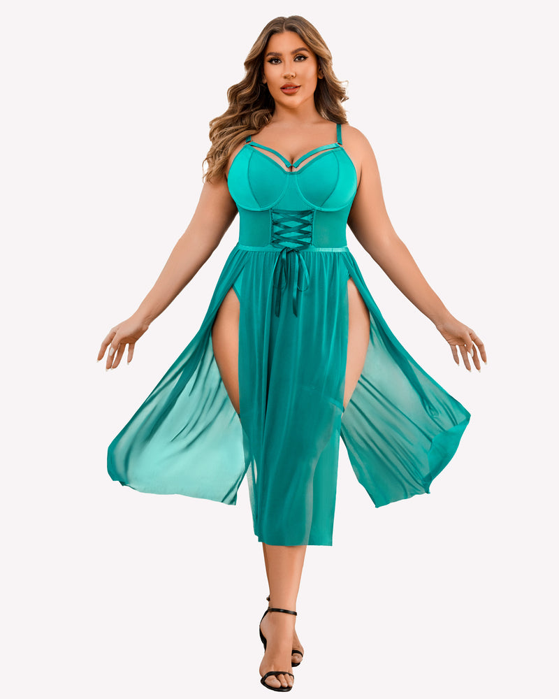 Plus size teal lingerie bodysuit with high slit dress; adjustable straps and corset.