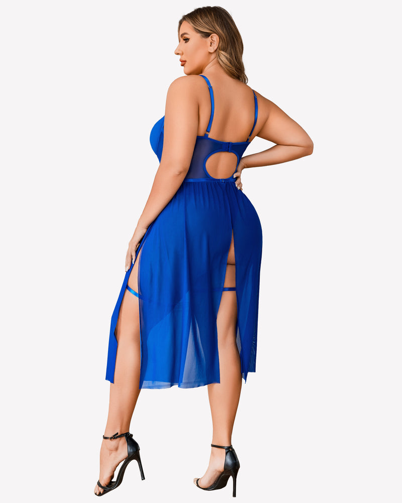 Plus size blue lingerie bodysuit with high slit dress; adjustable straps and garter