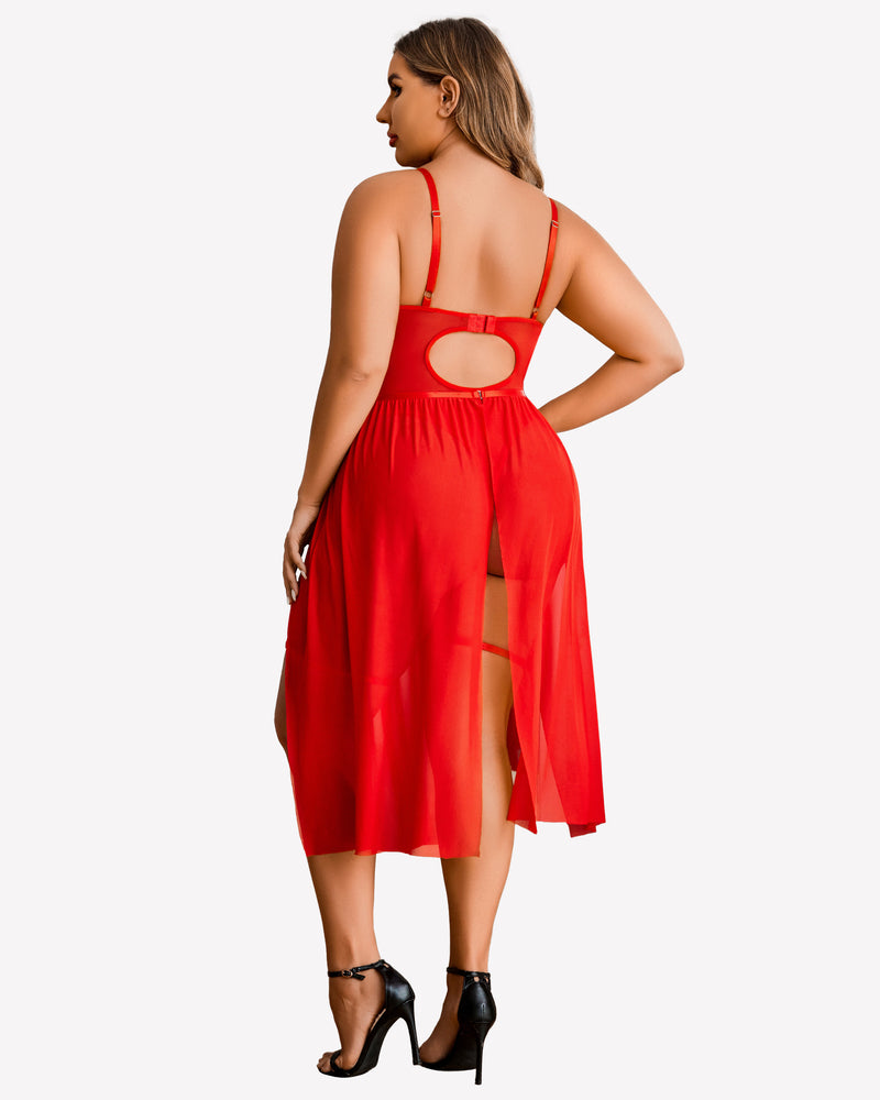 Plus Size Red Bodysuit with High Slit Dress. Sheer mesh lingerie for confident women.
