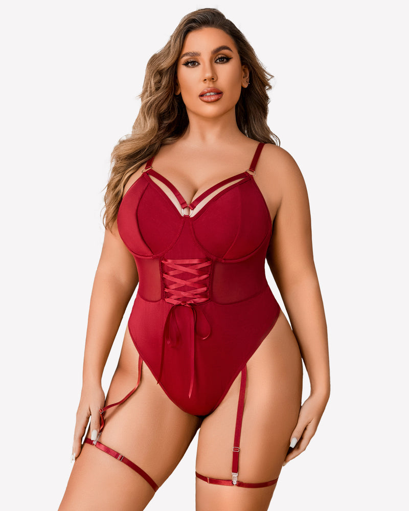 Plus size red bodysuit with garter straps. Sexy lingerie with corset and adjustable features.