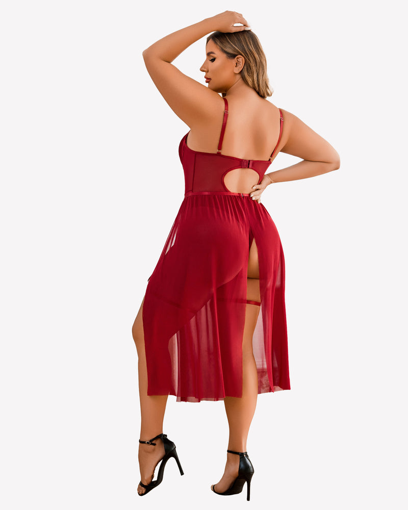 Red plus size bodysuit with high slit dress; mesh and adjustable straps. Sexy lingerie.