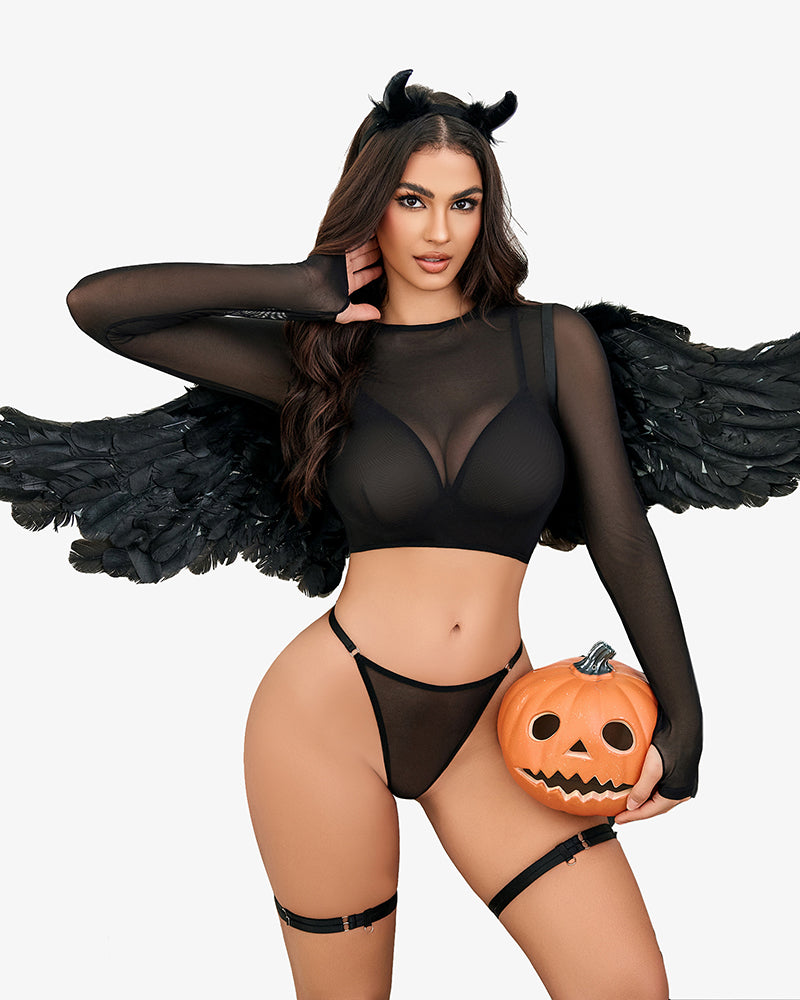 Black mesh lingerie set with devil horns, angel wings, and pumpkin; sexy Halloween outfit