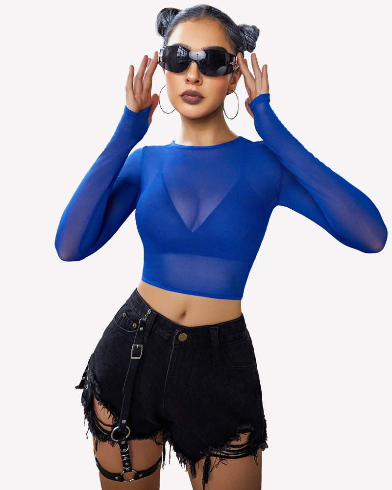 Blue mesh crop top and black shorts lingerie set. Sexy and flattering outfit.