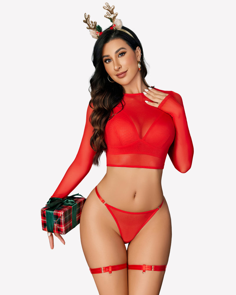 Red mesh lingerie set with long sleeves, Christmas holiday outfit with a sexy flattering fit
