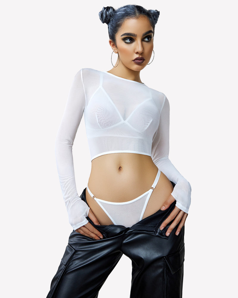 White mesh crop top bra and panty set, sexy lingerie for women