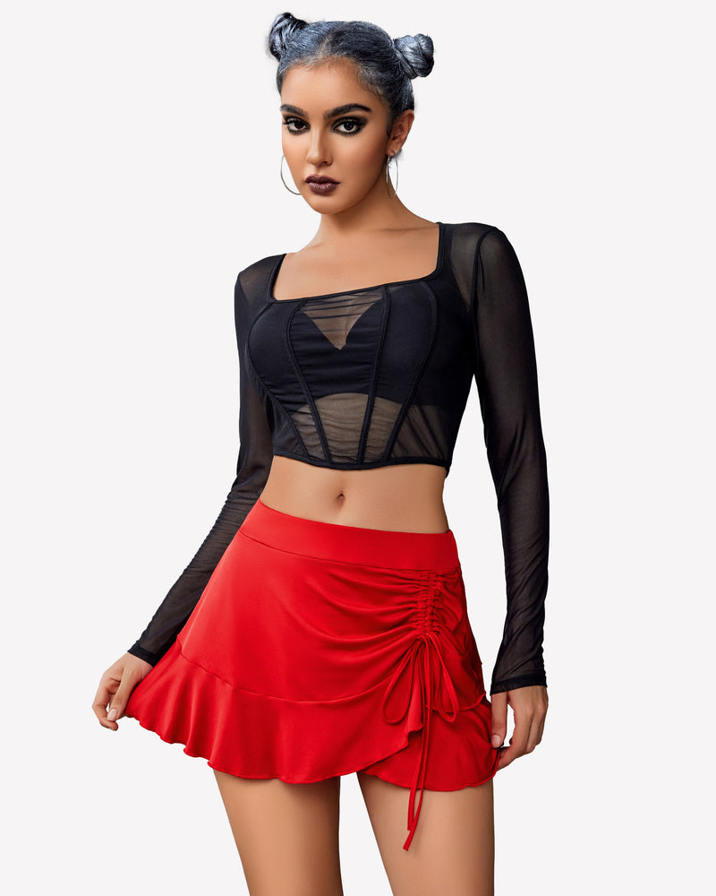 Red pleated drawstring wrap mini skirt with black mesh crop top; sexy and stylish outfit for women.